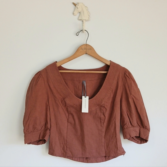 Anthropologie-Linen Blend-Scoop Neck-Puff Sleeve-Crop Corset-Rust-Size M-NWT - Picture 5 of 12